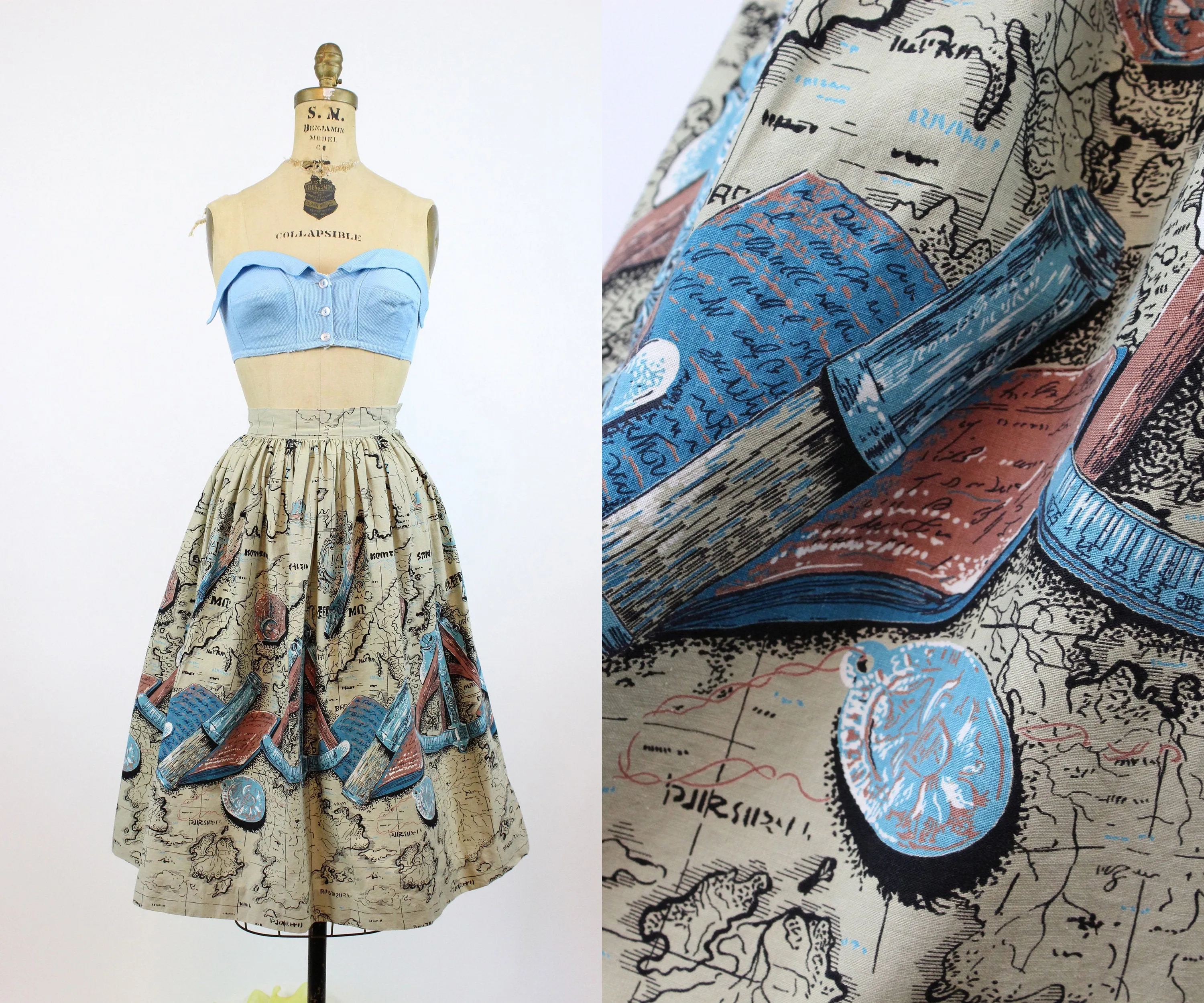 1950s MAP PRINT cartography skirt xxs | new spring