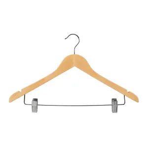 43cm Natural Wooden Combination Coat Hanger With Clips 12mm thick Sold in Bundle of 20/50/100