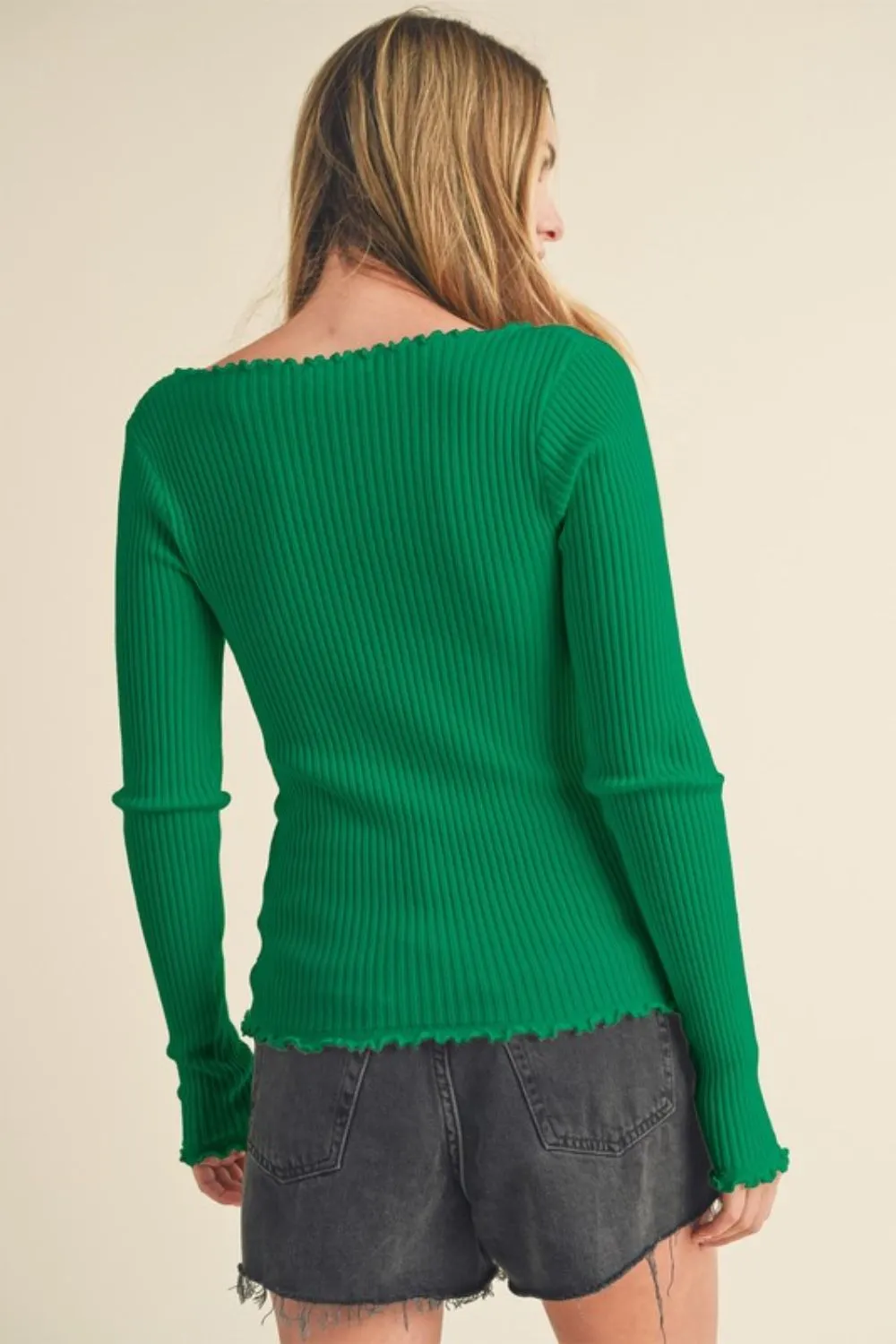 Aemi   Co Lettuce Hem Scoop Neck Long Sleeve Knit Top