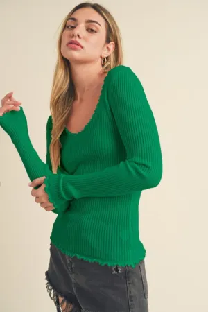 Aemi   Co Lettuce Hem Scoop Neck Long Sleeve Knit Top