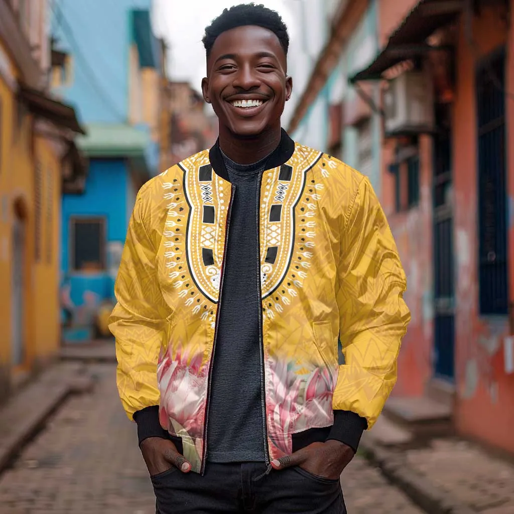 Africa Dashiki Bomber Jacket King Protea Floral Motif Patterns LT18
