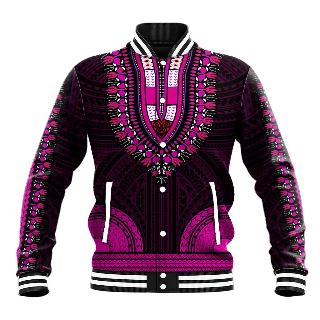 African Dashiki and Polynesian Pattern Baseball Jacket Pink LT9