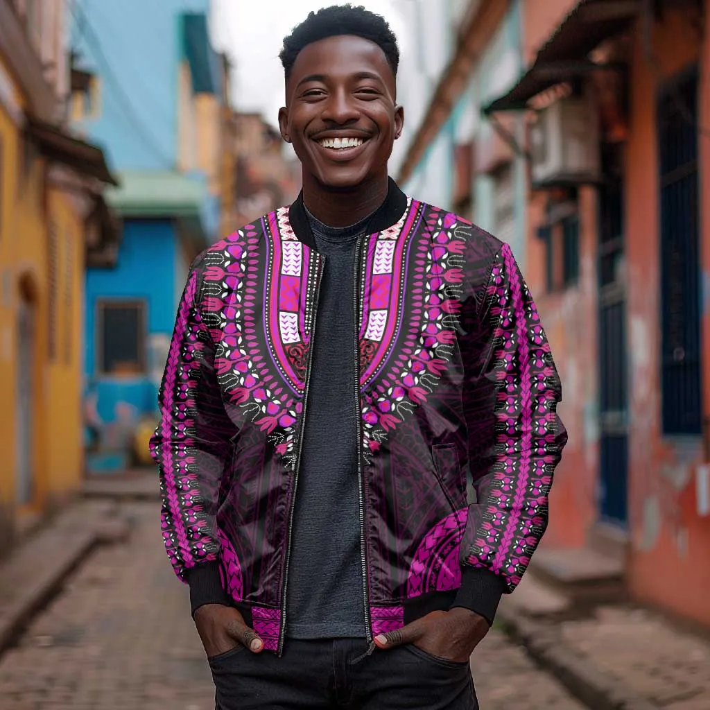 African Dashiki and Polynesian Pattern Bomber Jacket Pink LT9