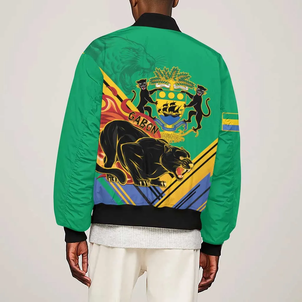 Afro Gabon Sleeve Zip Bomber Jacket Black Panther With Coat Of Arms LT15