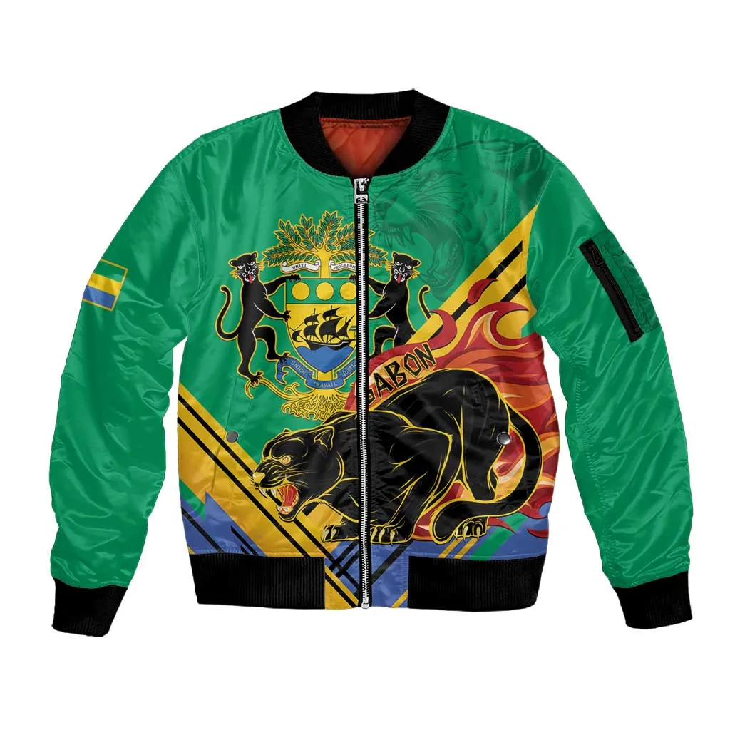 Afro Gabon Sleeve Zip Bomber Jacket Black Panther With Coat Of Arms LT15