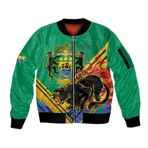 Afro Gabon Sleeve Zip Bomber Jacket Black Panther With Coat Of Arms LT15