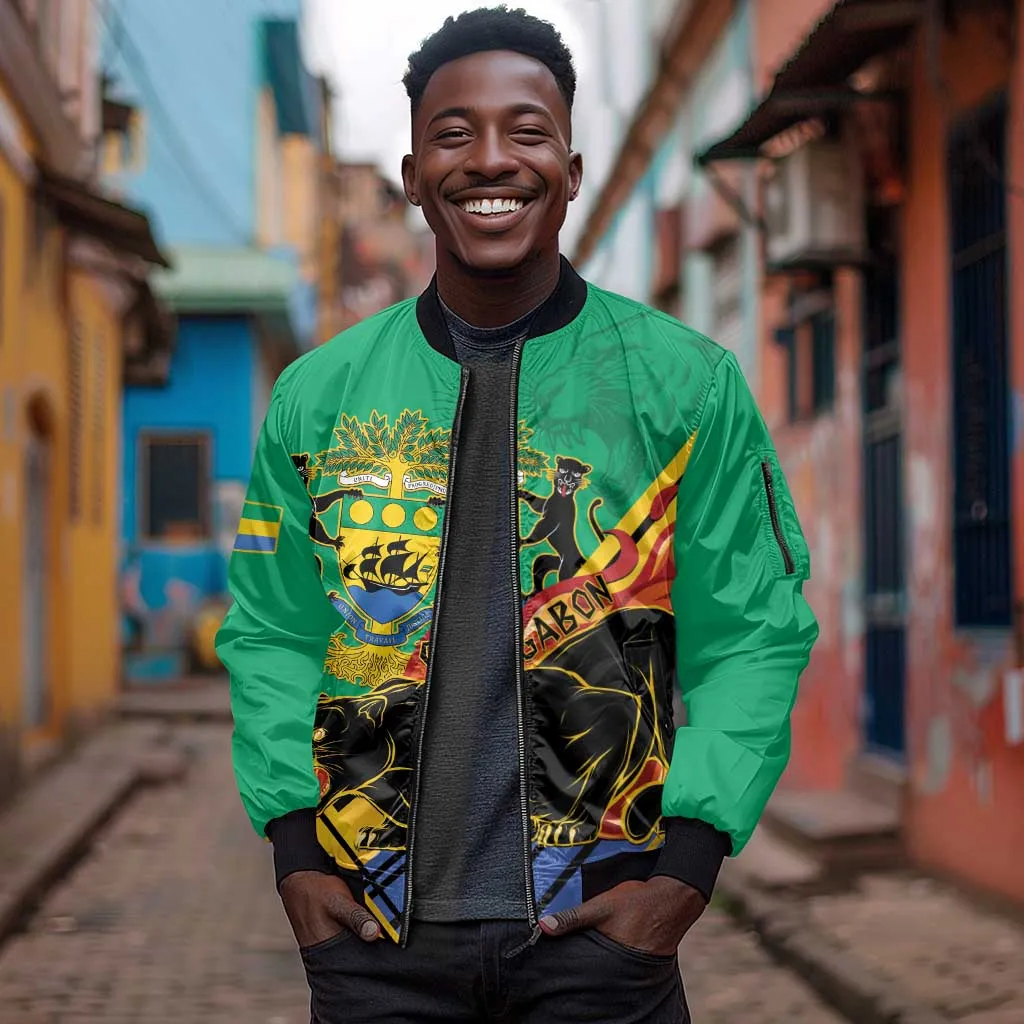 Afro Gabon Sleeve Zip Bomber Jacket Black Panther With Coat Of Arms LT15