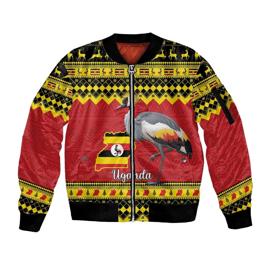 Afro Uganda Christmas Sleeve Zip Bomber Jacket Grey Crowned Crane Sekukkulu Ennugi LT15