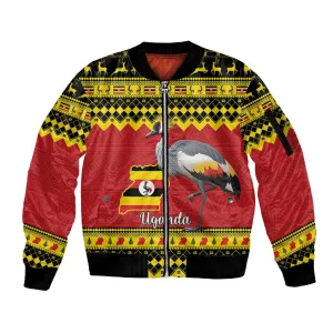 Afro Uganda Christmas Sleeve Zip Bomber Jacket Grey Crowned Crane Sekukkulu Ennugi LT15