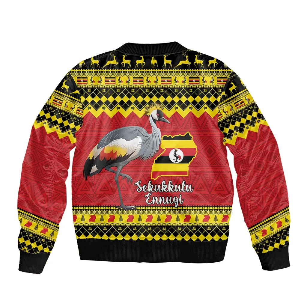Afro Uganda Christmas Sleeve Zip Bomber Jacket Grey Crowned Crane Sekukkulu Ennugi LT15