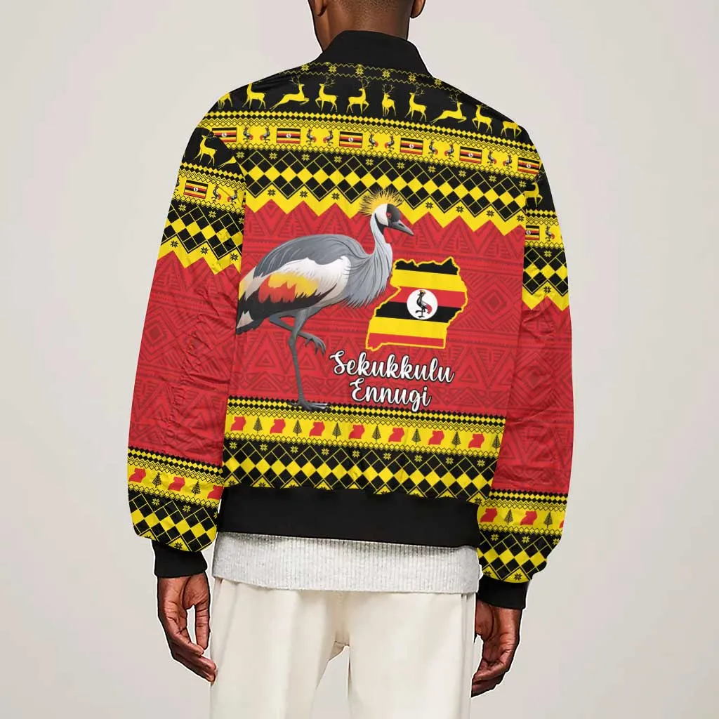 Afro Uganda Christmas Sleeve Zip Bomber Jacket Grey Crowned Crane Sekukkulu Ennugi LT15