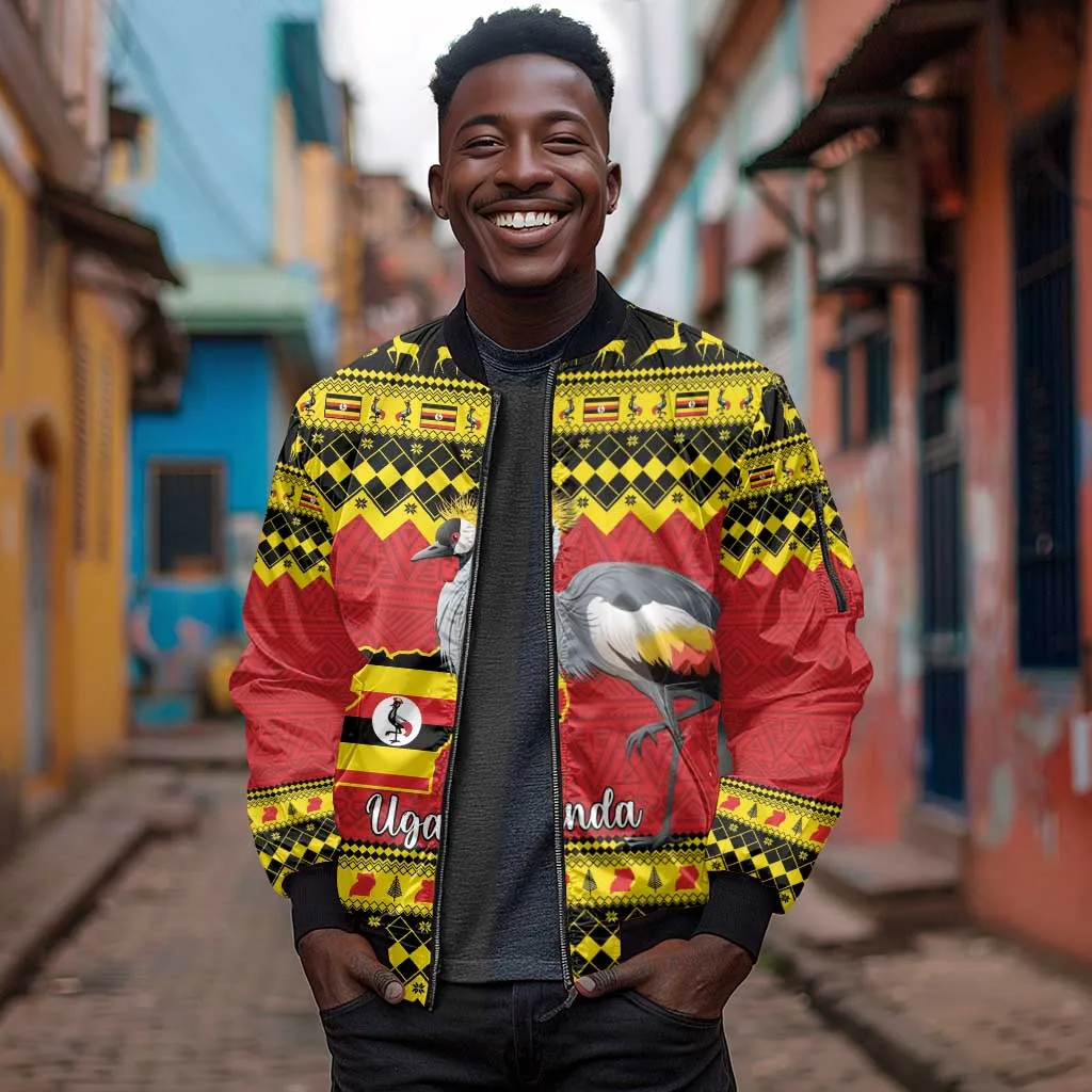 Afro Uganda Christmas Sleeve Zip Bomber Jacket Grey Crowned Crane Sekukkulu Ennugi LT15