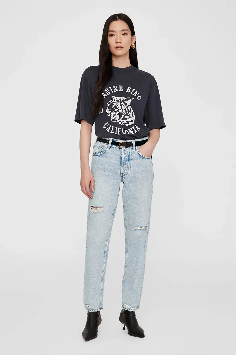 Anine Bing Avi Tee Collegiate Leopard in Washed Charcoal