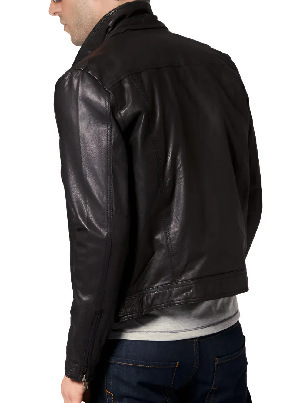Asymmetrical Zip Closure Biker Genuine Leather Jacket for Men