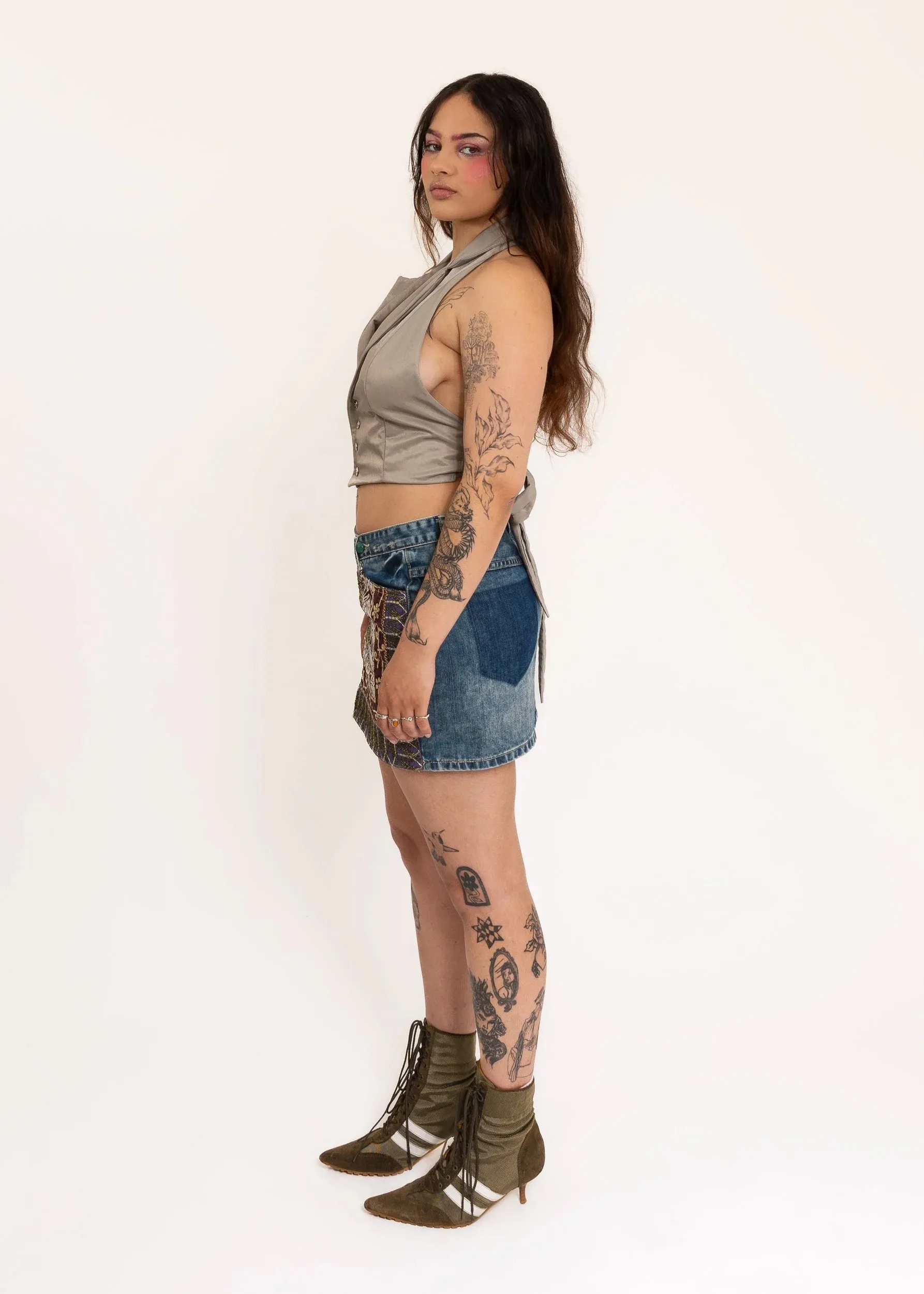 Beaded Denim Mini Skirt