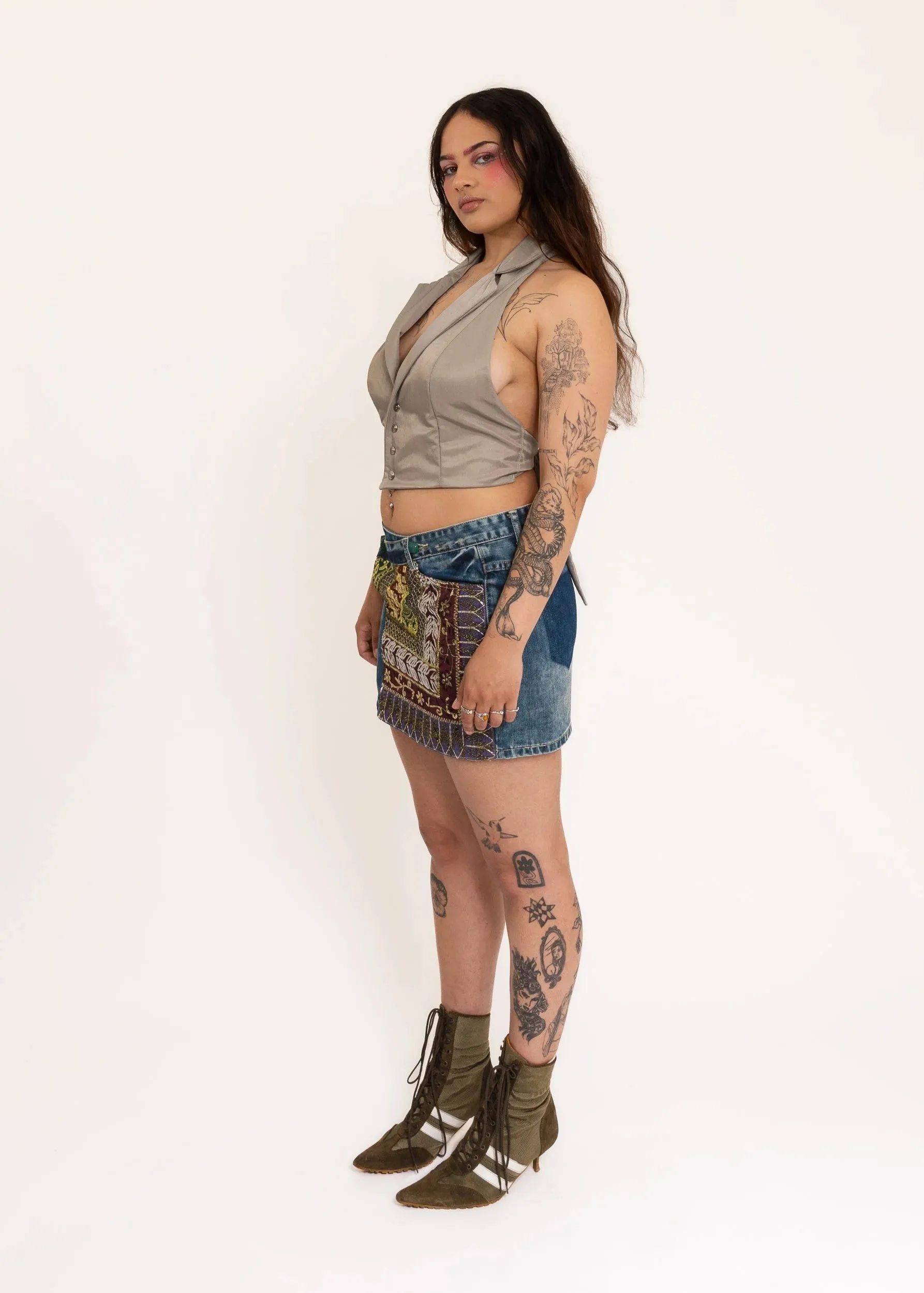 Beaded Denim Mini Skirt