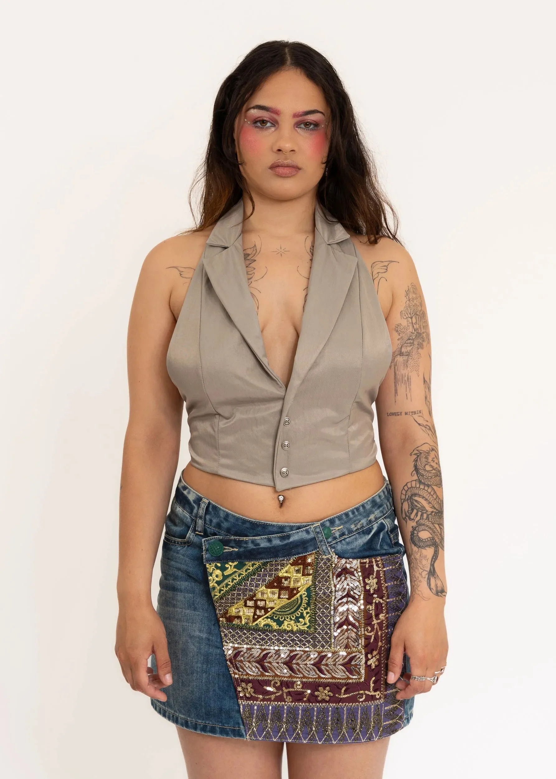 Beaded Denim Mini Skirt