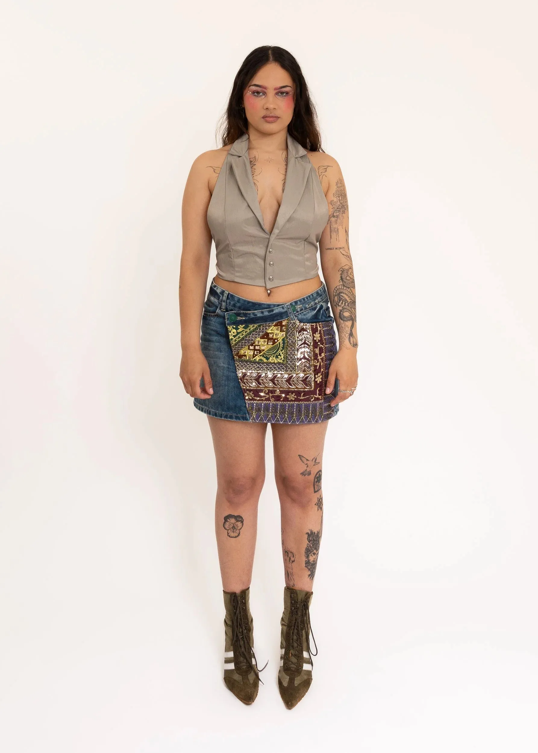 Beaded Denim Mini Skirt