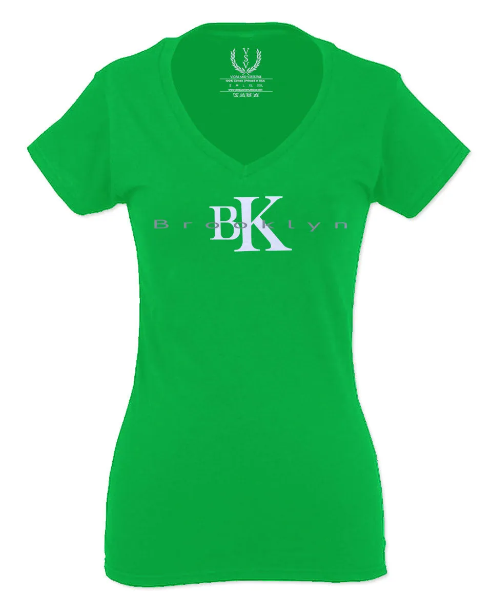 BK Brooklyn Street WEAR NYC New York Cool Fonts For Women V neck fitted T Shirt
