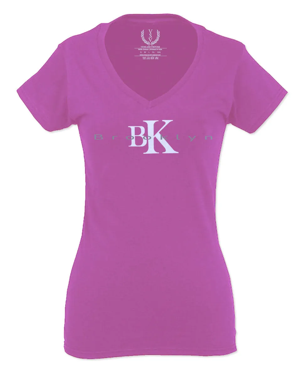 BK Brooklyn Street WEAR NYC New York Cool Fonts For Women V neck fitted T Shirt