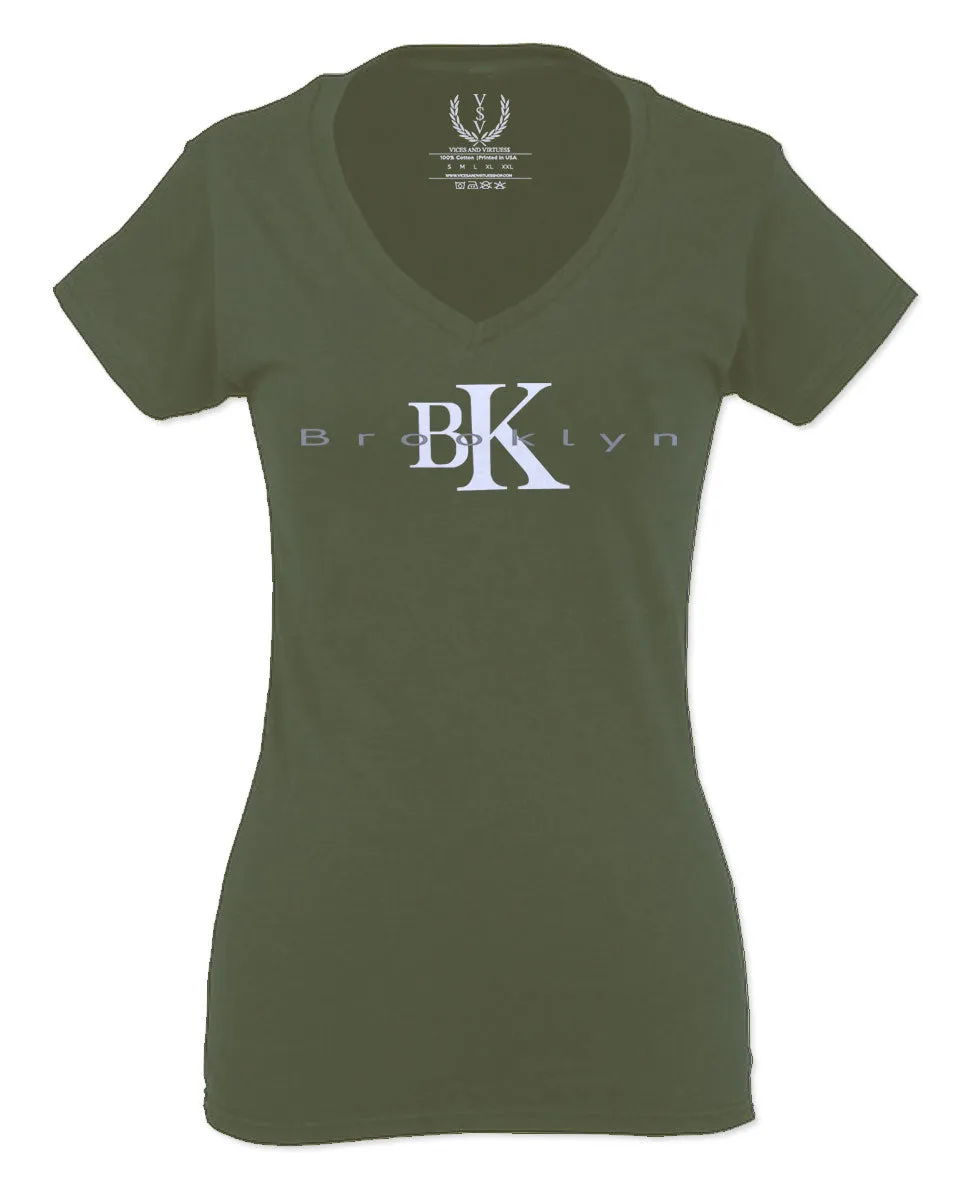 BK Brooklyn Street WEAR NYC New York Cool Fonts For Women V neck fitted T Shirt