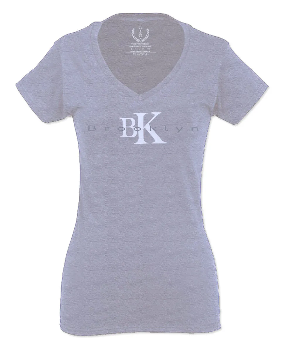 BK Brooklyn Street WEAR NYC New York Cool Fonts For Women V neck fitted T Shirt