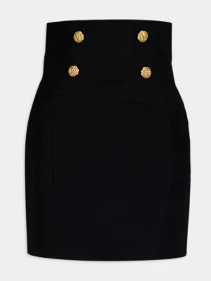 Black High-Waist Wool Skirt with Gold Buttons
