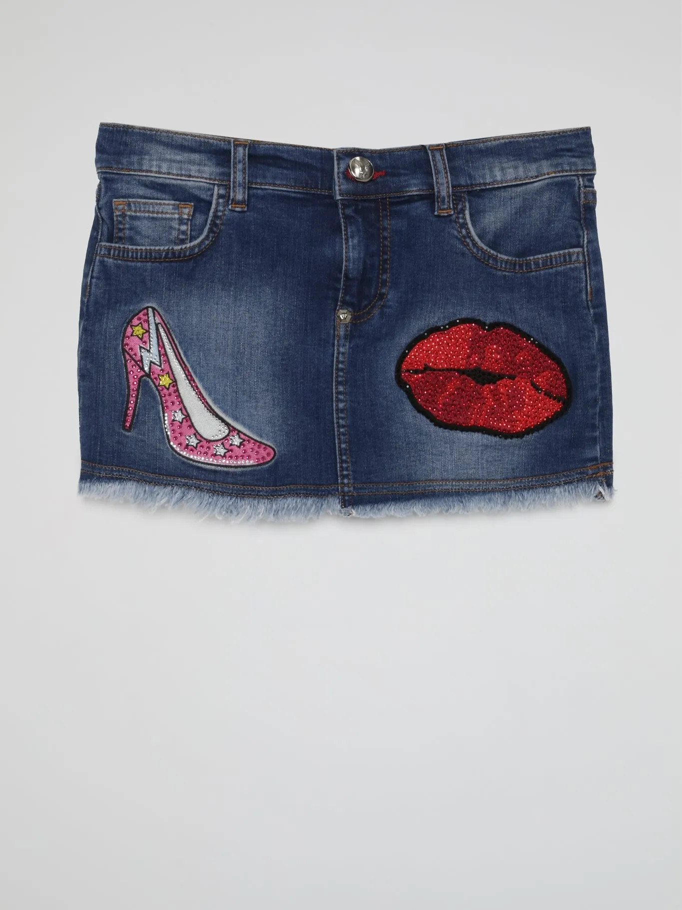 Blue Embroidered Frayed Denim Skirt (Kids)