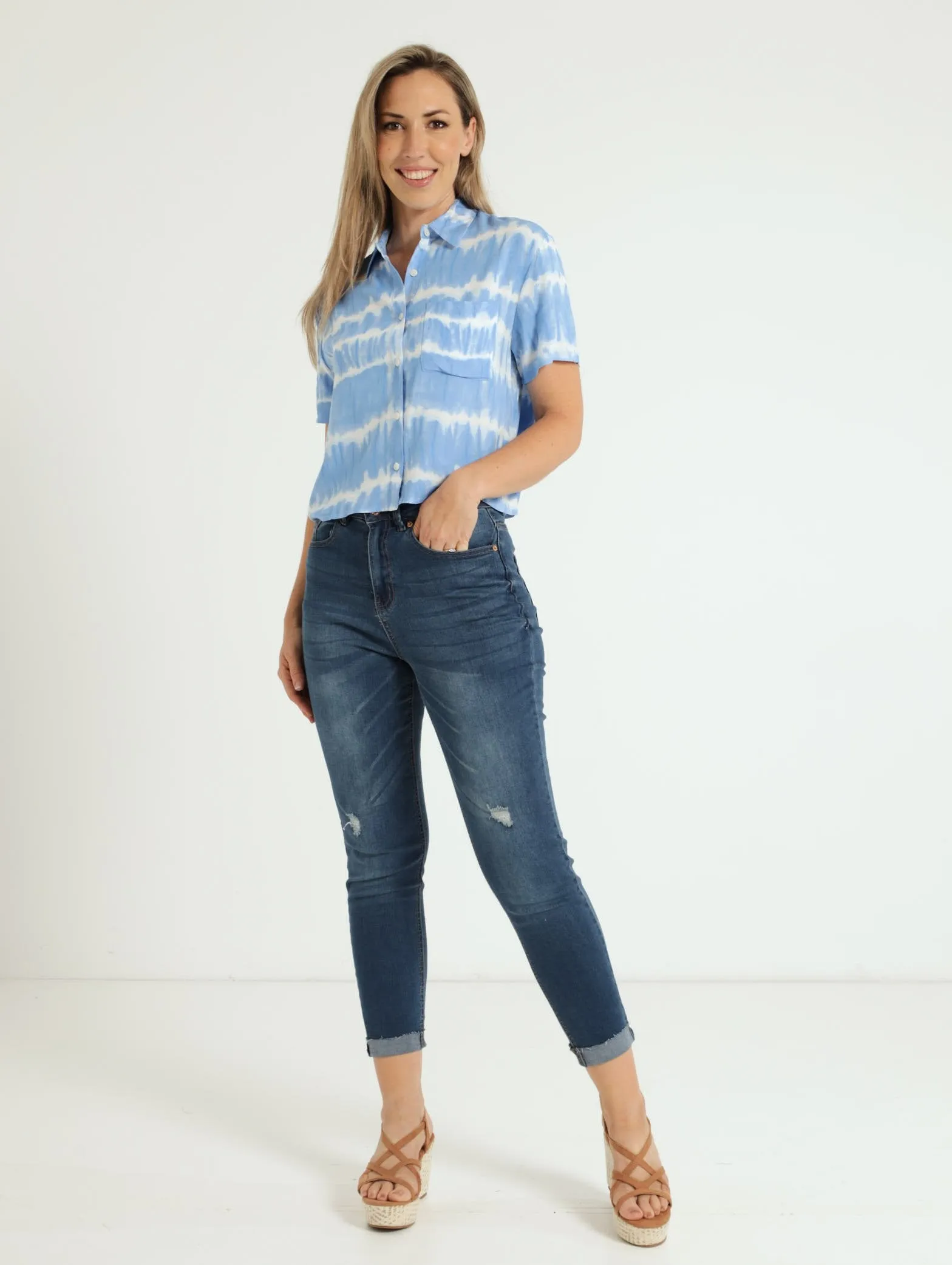 Boxy 1 Pocket Shirt - White/Blue