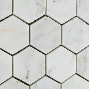 Carrara (Carrera) Bianco Venatino Marble Hexagon Mosaic Tile 2" - Polished