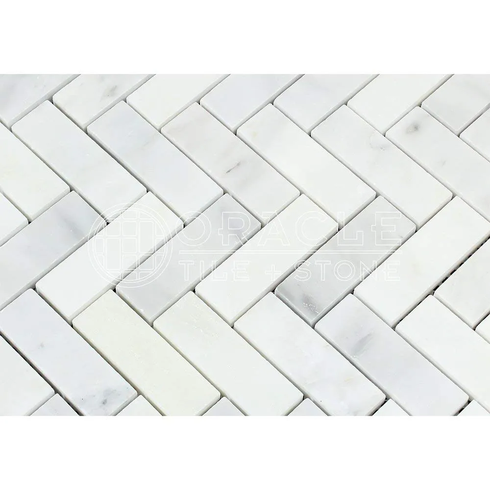 Carrara White Italian (Bianco Carrara) Marble 1 X 3 Herringbone Mosaic Tile, Polished