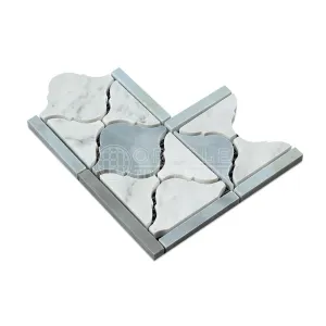 Carrara White Italian (Bianco Carrara) Marble Lantern Border Corner (with Blue & Gray Marble, Polished)