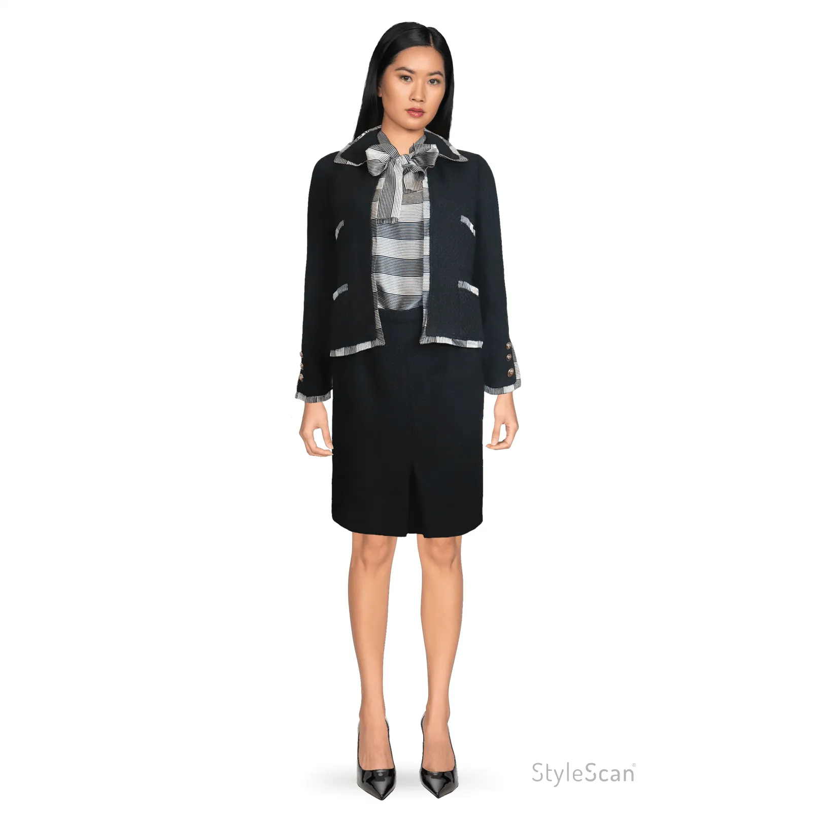 CHANEL Black Boucle w/ Stripes and Gold Accents Skirt Suit (5PC) Circa 1990s | Size 34