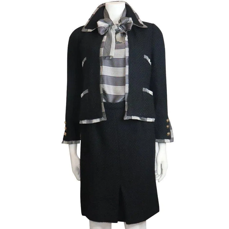CHANEL Black Boucle w/ Stripes and Gold Accents Skirt Suit (5PC) Circa 1990s | Size 34