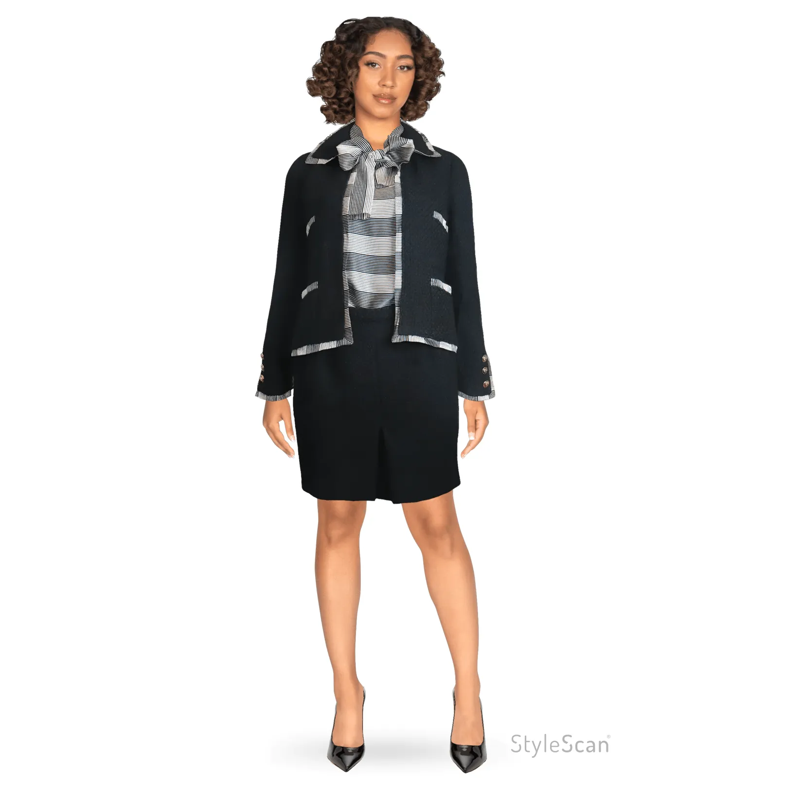 CHANEL Black Boucle w/ Stripes and Gold Accents Skirt Suit (5PC) Circa 1990s | Size 34