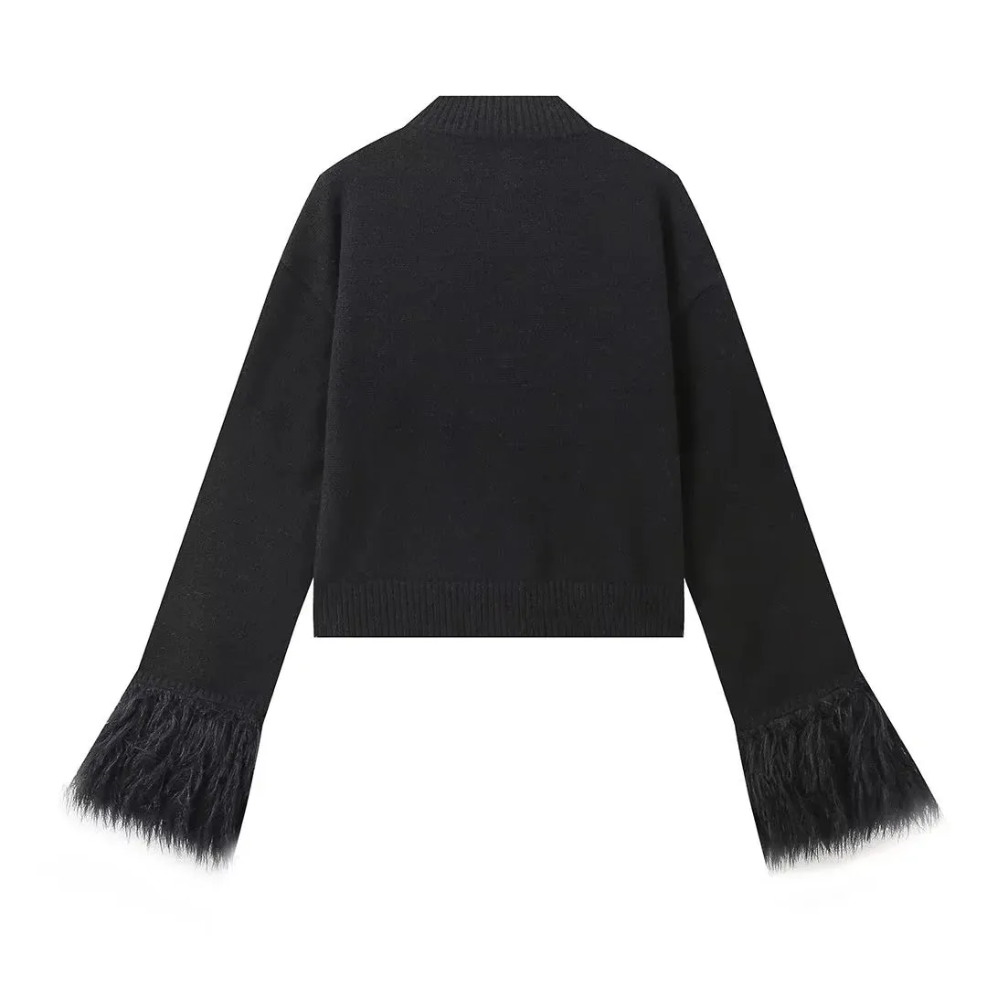 Chic Button-Up Knitted Cardigan with Luxe Furry Cuff Details