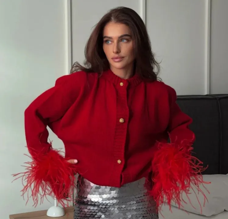 Chic Button-Up Knitted Cardigan with Luxe Furry Cuff Details