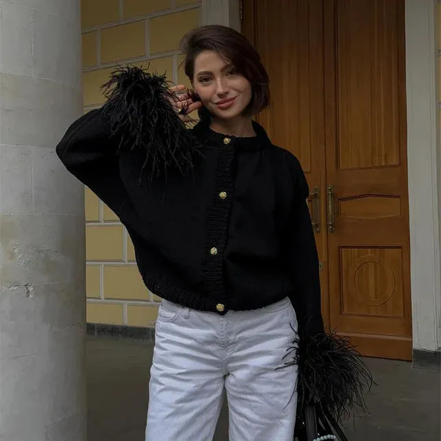 Chic Button-Up Knitted Cardigan with Luxe Furry Cuff Details