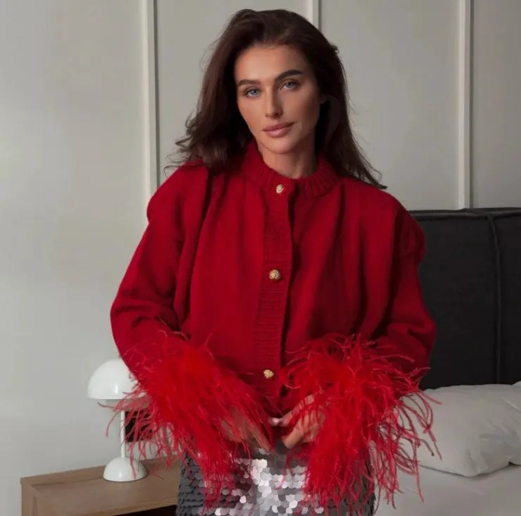 Chic Button-Up Knitted Cardigan with Luxe Furry Cuff Details