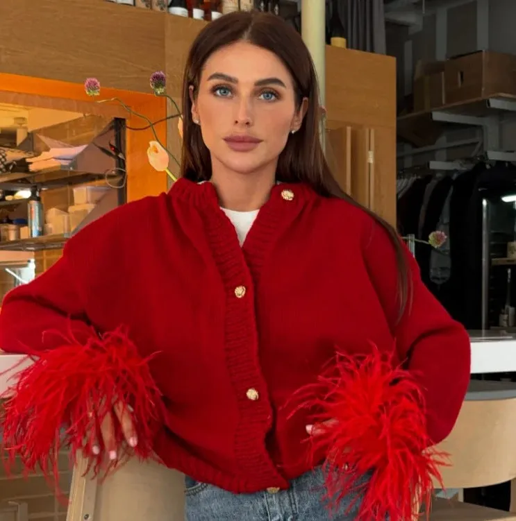 Chic Button-Up Knitted Cardigan with Luxe Furry Cuff Details