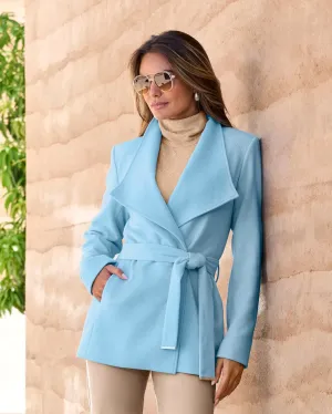 Chic Tie Waist Fully Lined Hip Length Coat Airy Blue