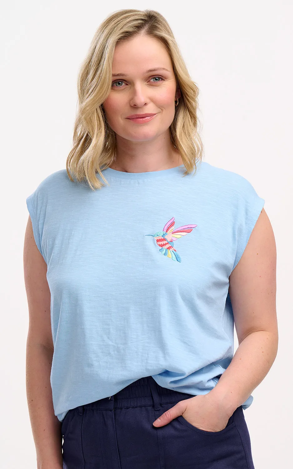 Chrissy Relaxed Tank T-Shirt Pale Blue Tropical Hummingbird