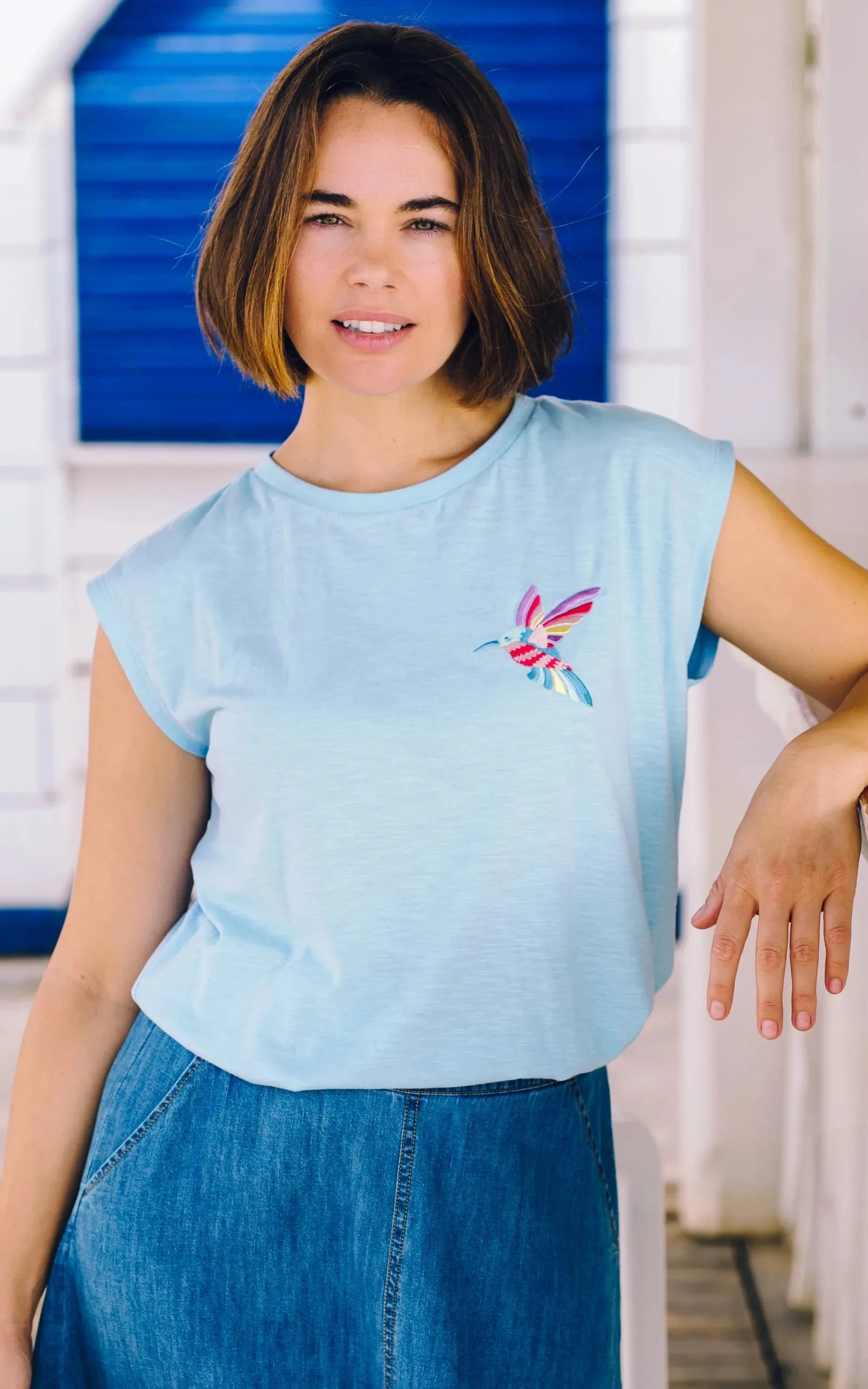 Chrissy Relaxed Tank T-Shirt Pale Blue Tropical Hummingbird