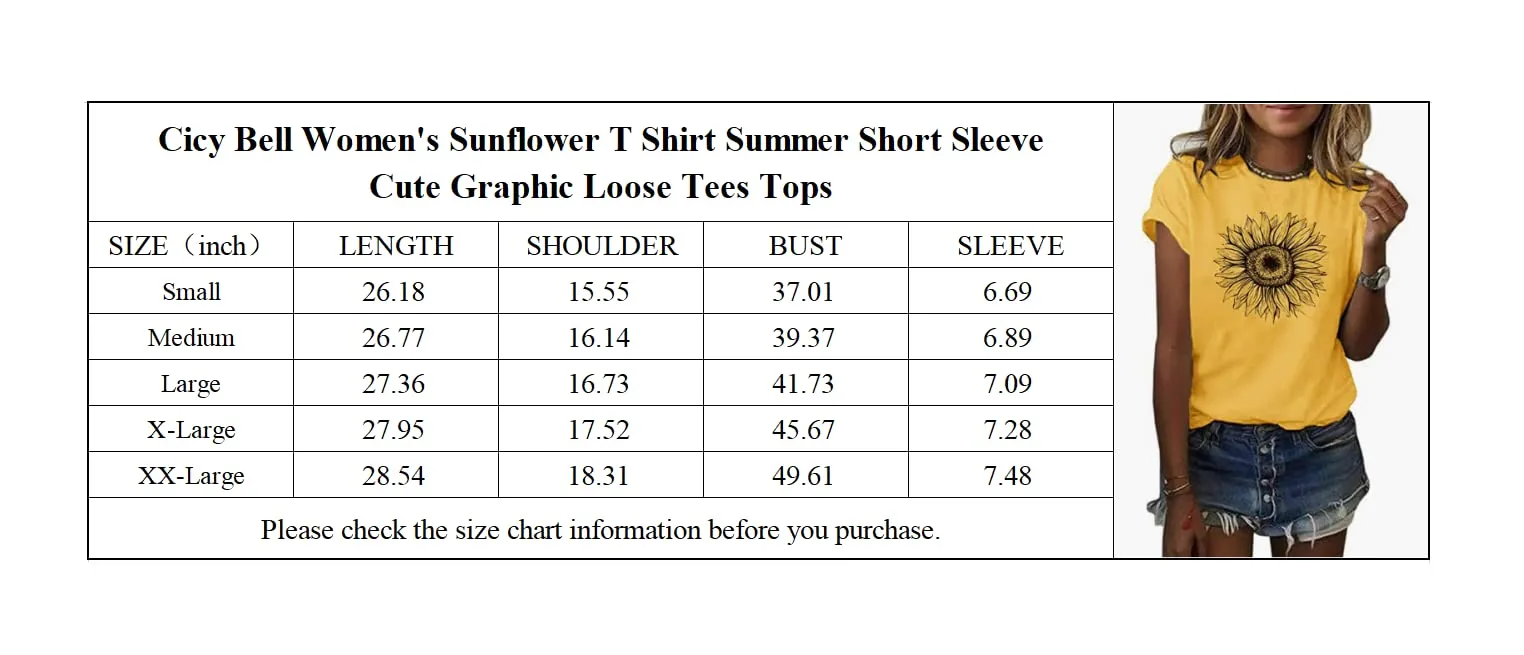 Cicy Bell Women's T Shirts Short Sleeve Tees Sunflower Graphic Loose Summer Tops