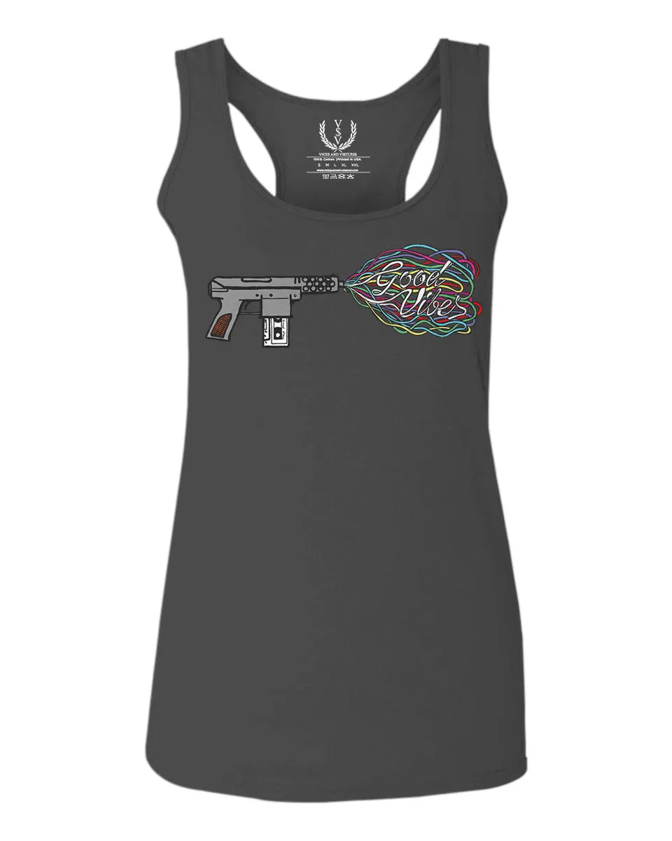 Cool Graphic Good Vibes Cassette Gun Music Love  women's Tank Top sleeveless Racerback