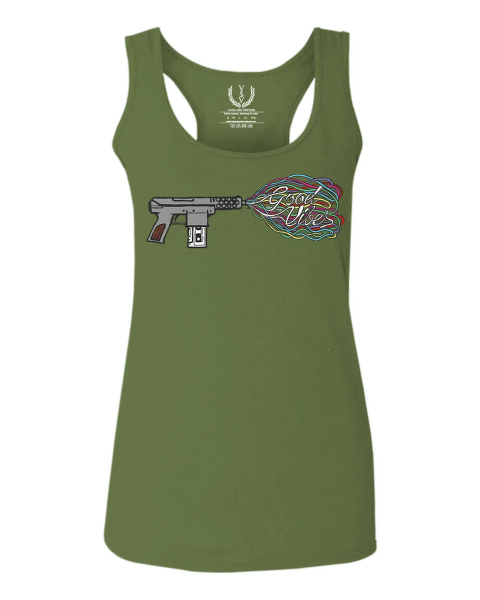 Cool Graphic Good Vibes Cassette Gun Music Love  women's Tank Top sleeveless Racerback