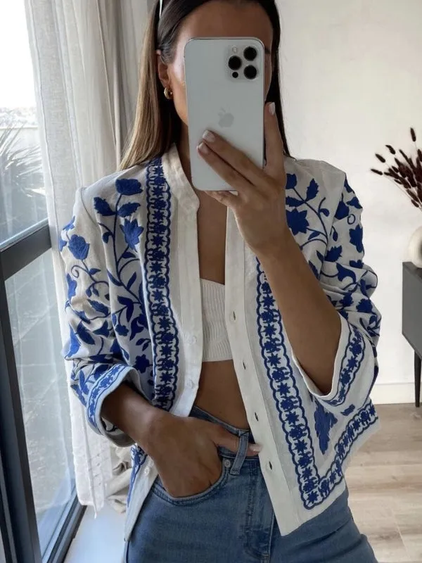 Cotton Loose Women Embroidered Cardigan Shirts