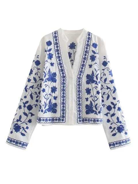 Cotton Loose Women Embroidered Cardigan Shirts