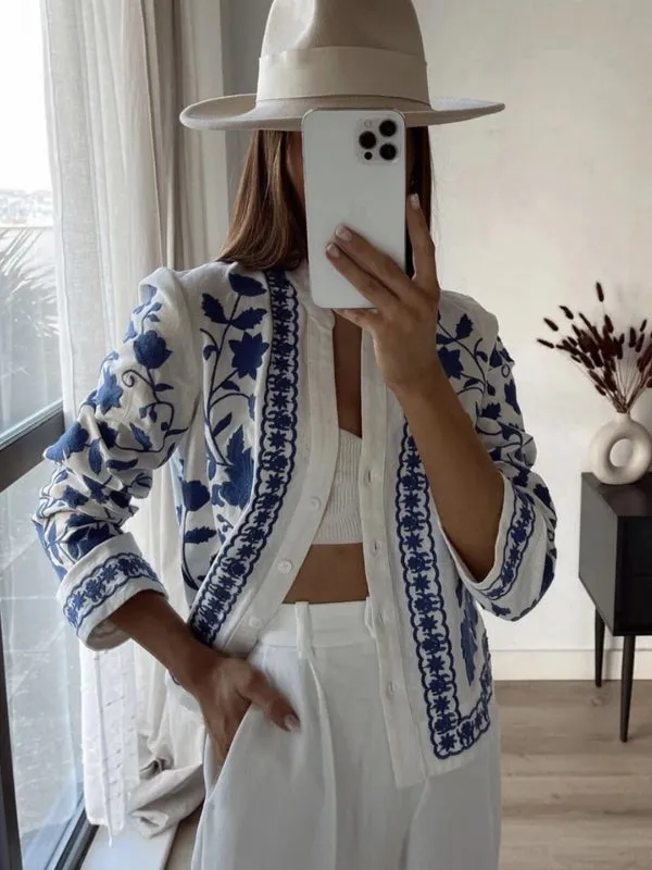Cotton Loose Women Embroidered Cardigan Shirts