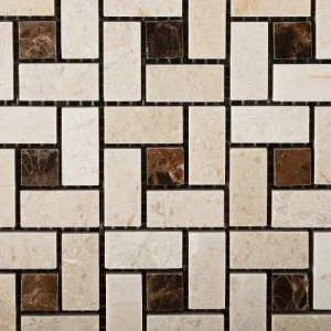 Crema Marfil Polished Pinwheel Mosaic w/ Emperador Dark Dots - 6" X 6" Sample